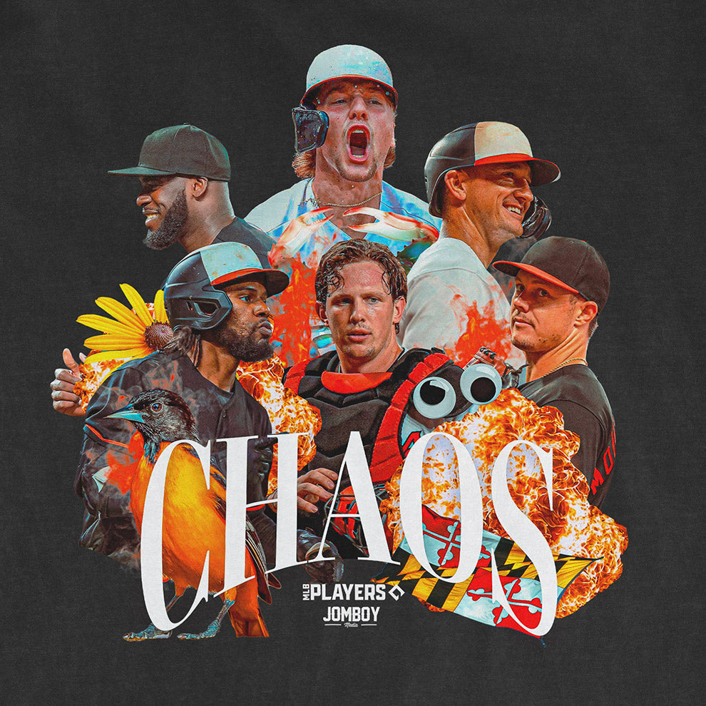 Colorful collage of Baltimore Orioles baseball players on a black Comfort Colors T-shirt, with "Chaos" text and fiery design elements.