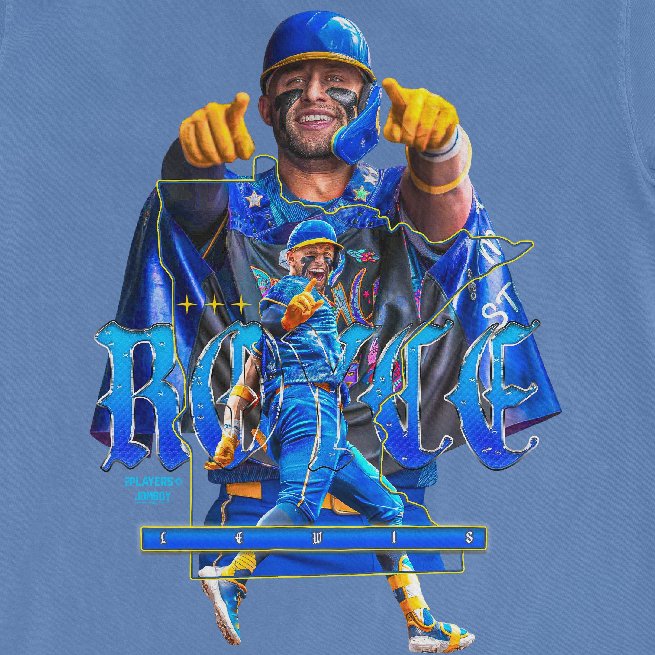 Colorful graphic of Royce Lewis in baseball gear, with dynamic text and design elements celebrating his sports career.