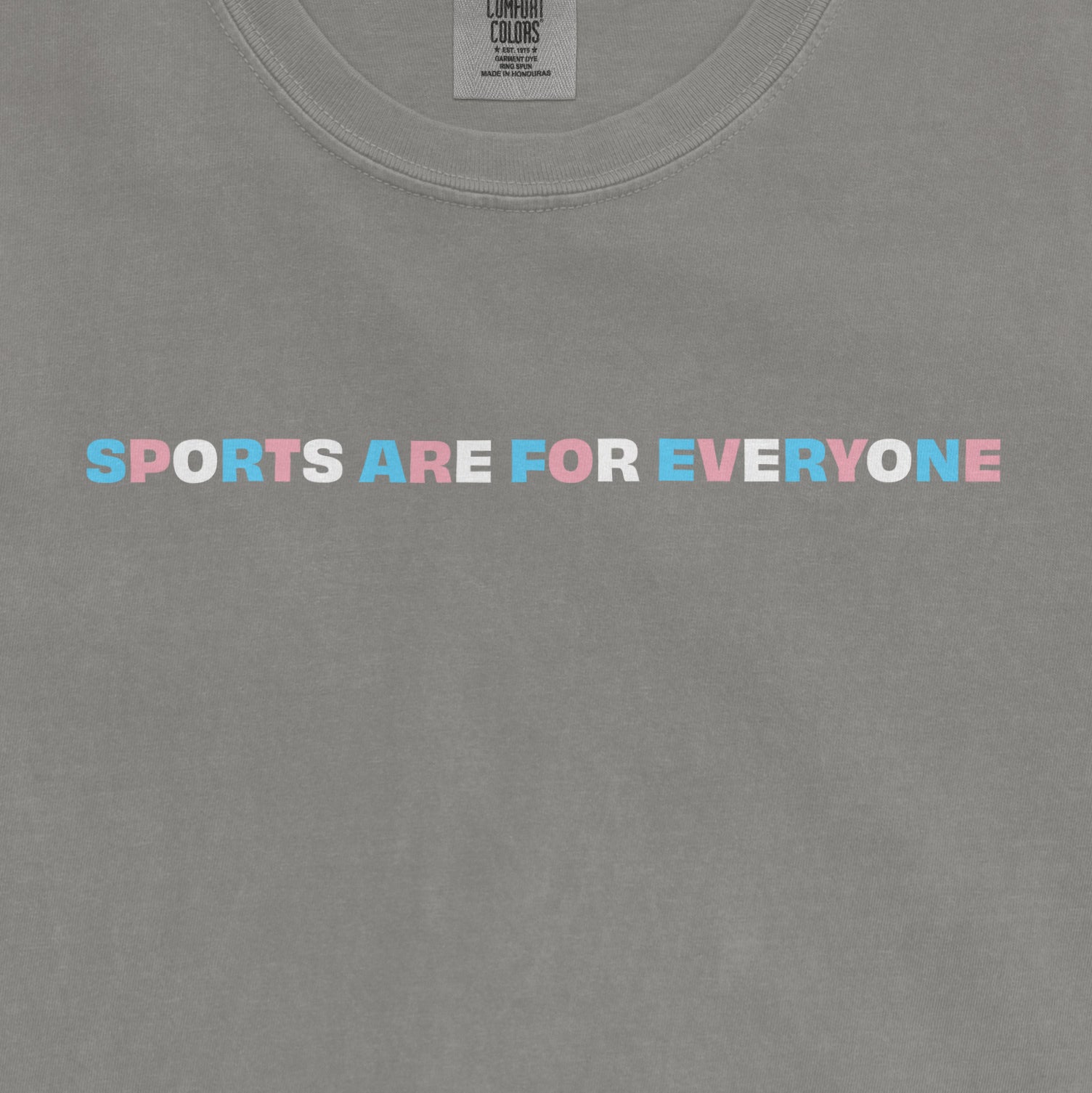 Gray T-shirt with the message "SPORTS ARE FOR EVERYONE" in colorful, bold letters across the chest.