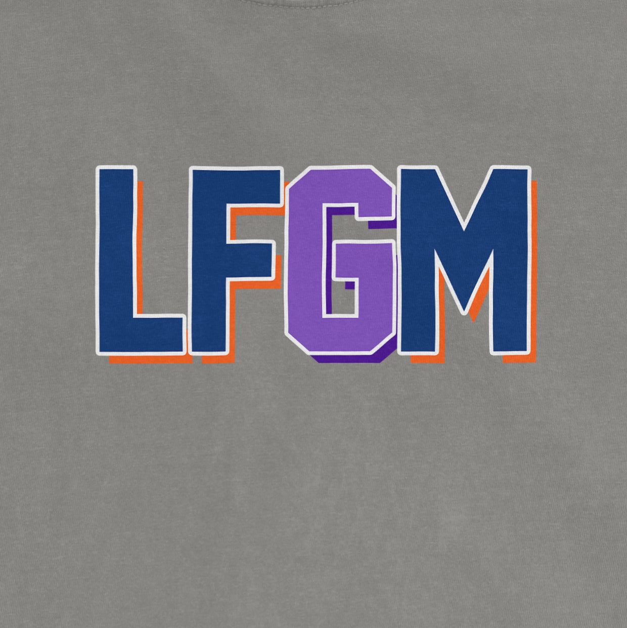 Gray Comfort Colors T-shirt with bold "LFGM" text in blue, purple, and orange outline, centered on the fabric.