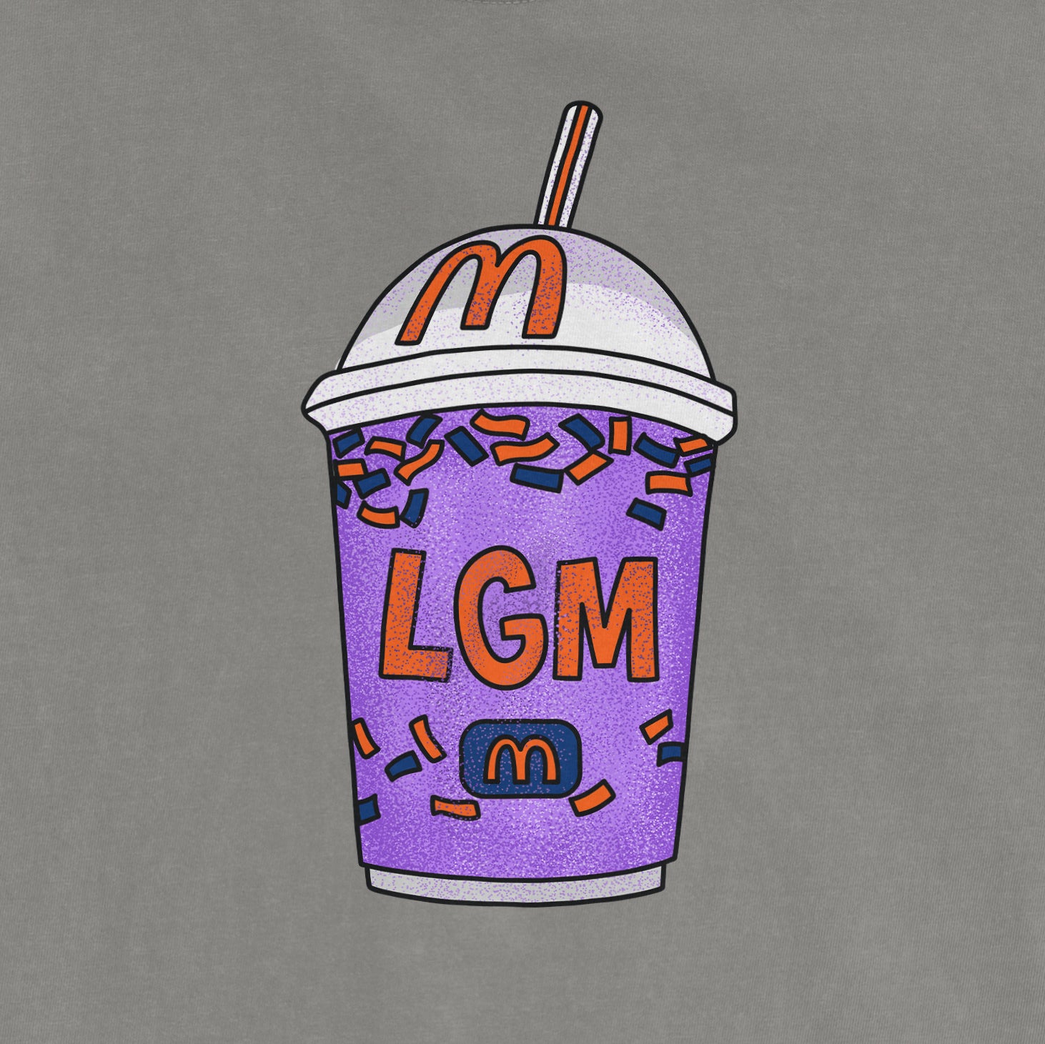 A colorful illustration of a McDonald's milkshake with purple and orange sprinkles, a white lid, and a striped straw, labeled "LGM.