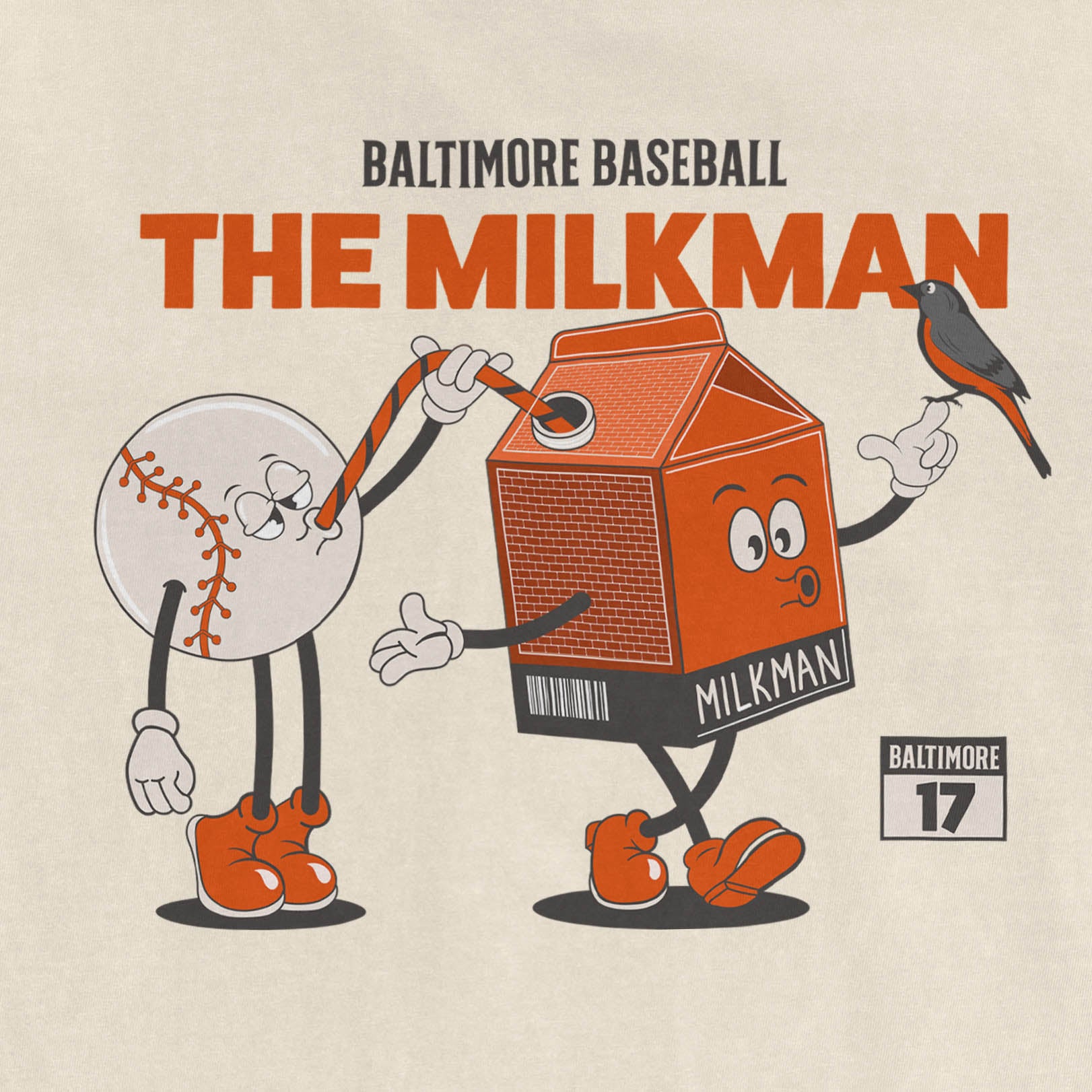 Cartoon baseball and milk carton characters dancing together, with the milk carton holding a bird on its finger.