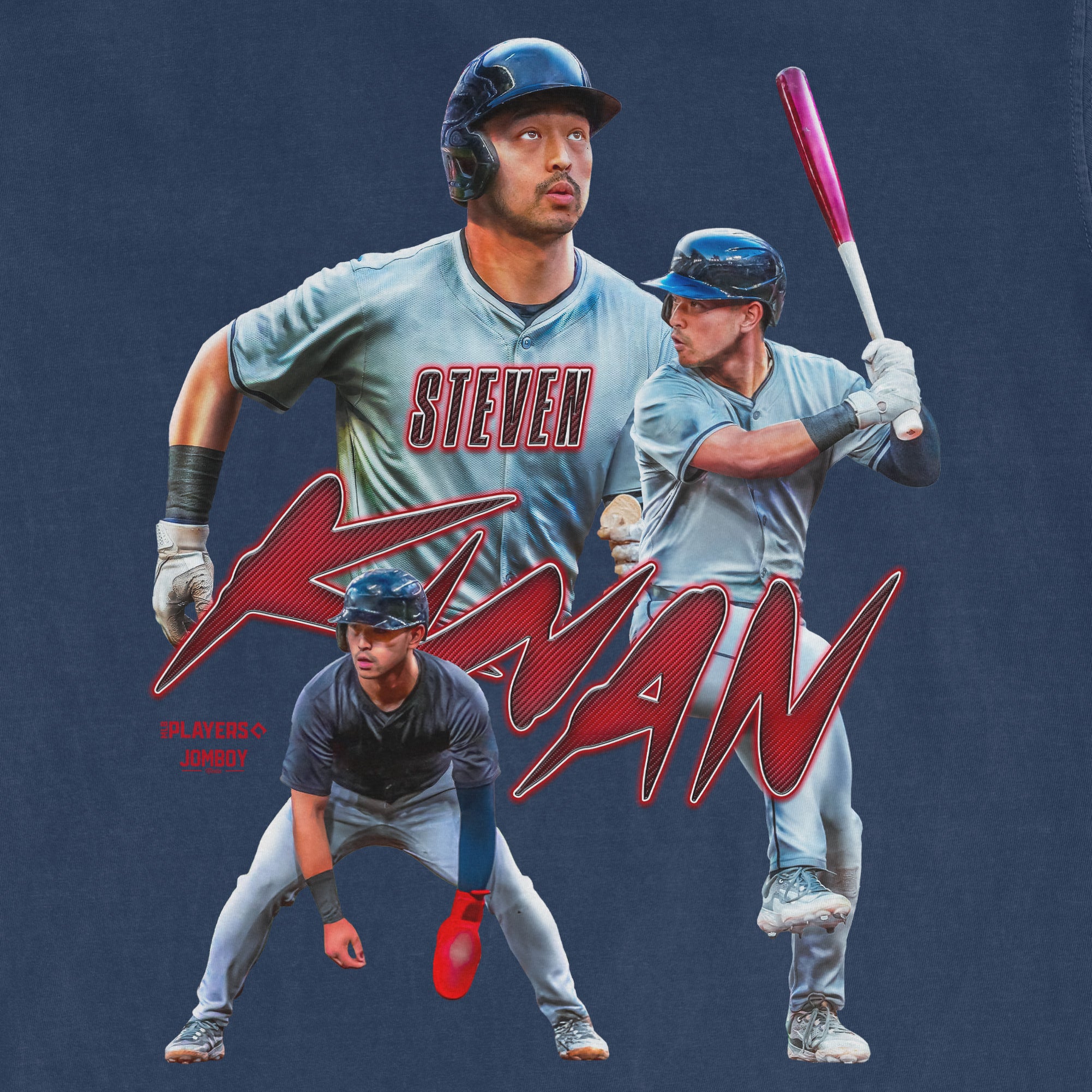 Collage of three images of a baseball player in different action poses, wearing a blue uniform and helmet, with "Steven Kwan" text overlay.