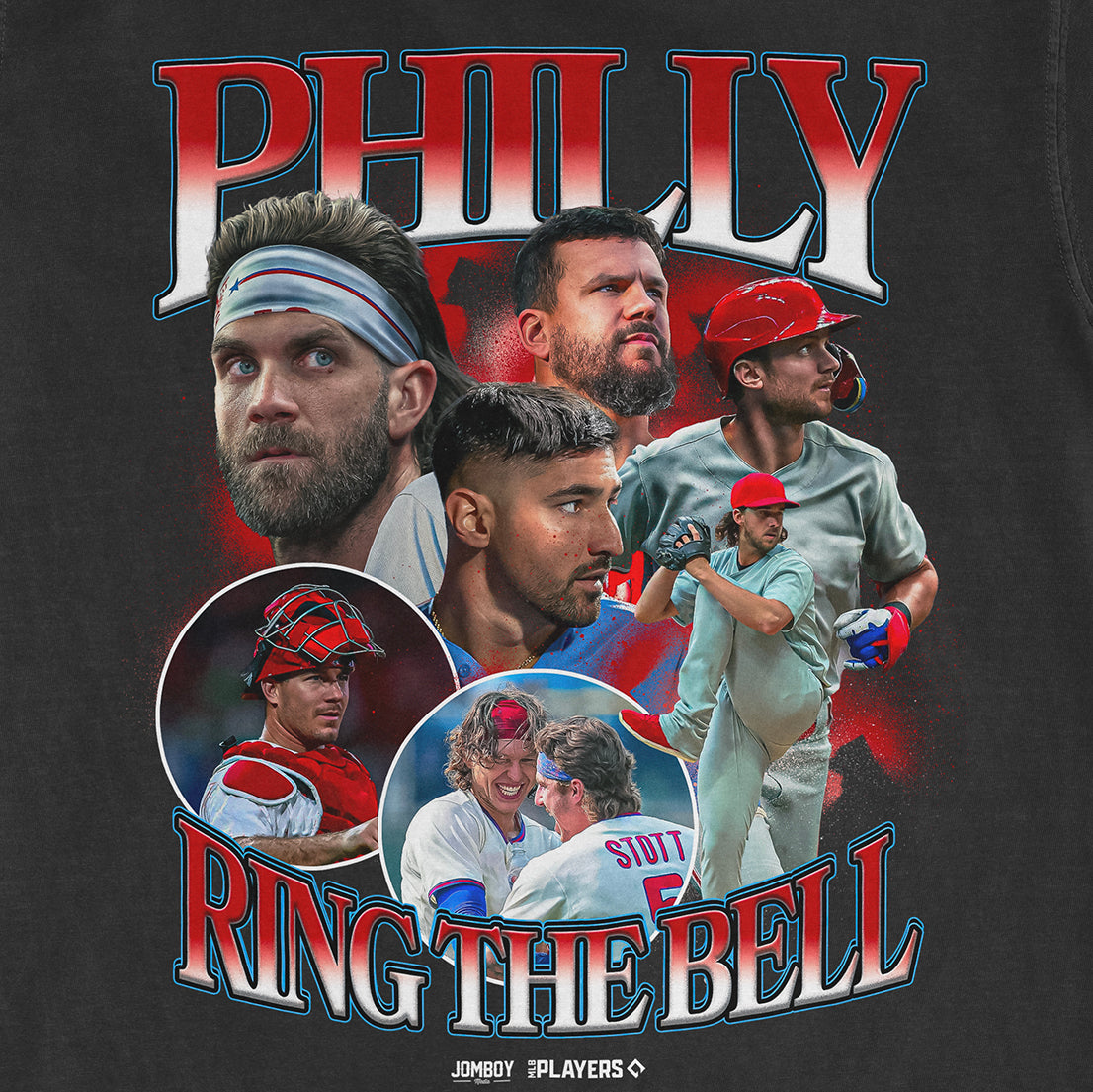 A collage of baseball players in action and celebrating, with bold "Ring the Bell" and "Philly" text, on a dark background.