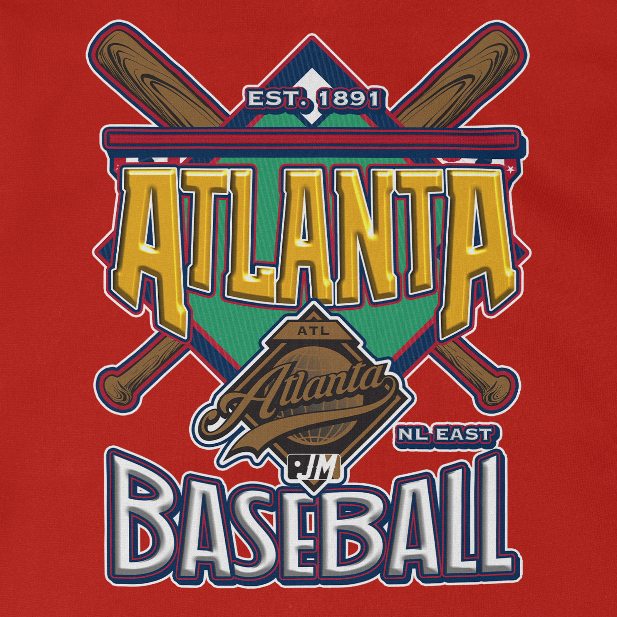 Close-up of a red pullover fleece hoodie featuring a colorful ATL Baseball logo with bats, text, and graphics celebrating Atlanta baseball.