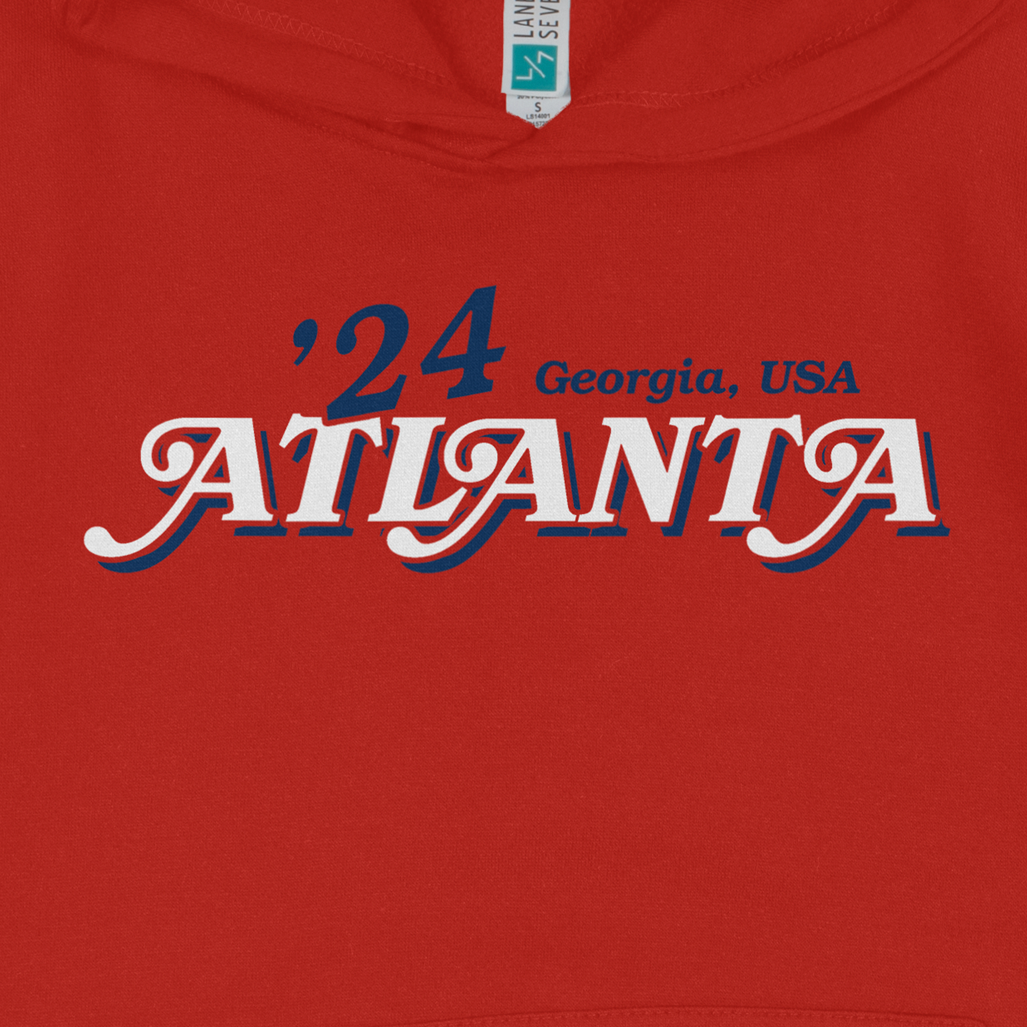 Red ATL Baseball pullover fleece hoodie with "’24 Georgia, USA ATLANTA" text in white, blue, and red lettering on the front.