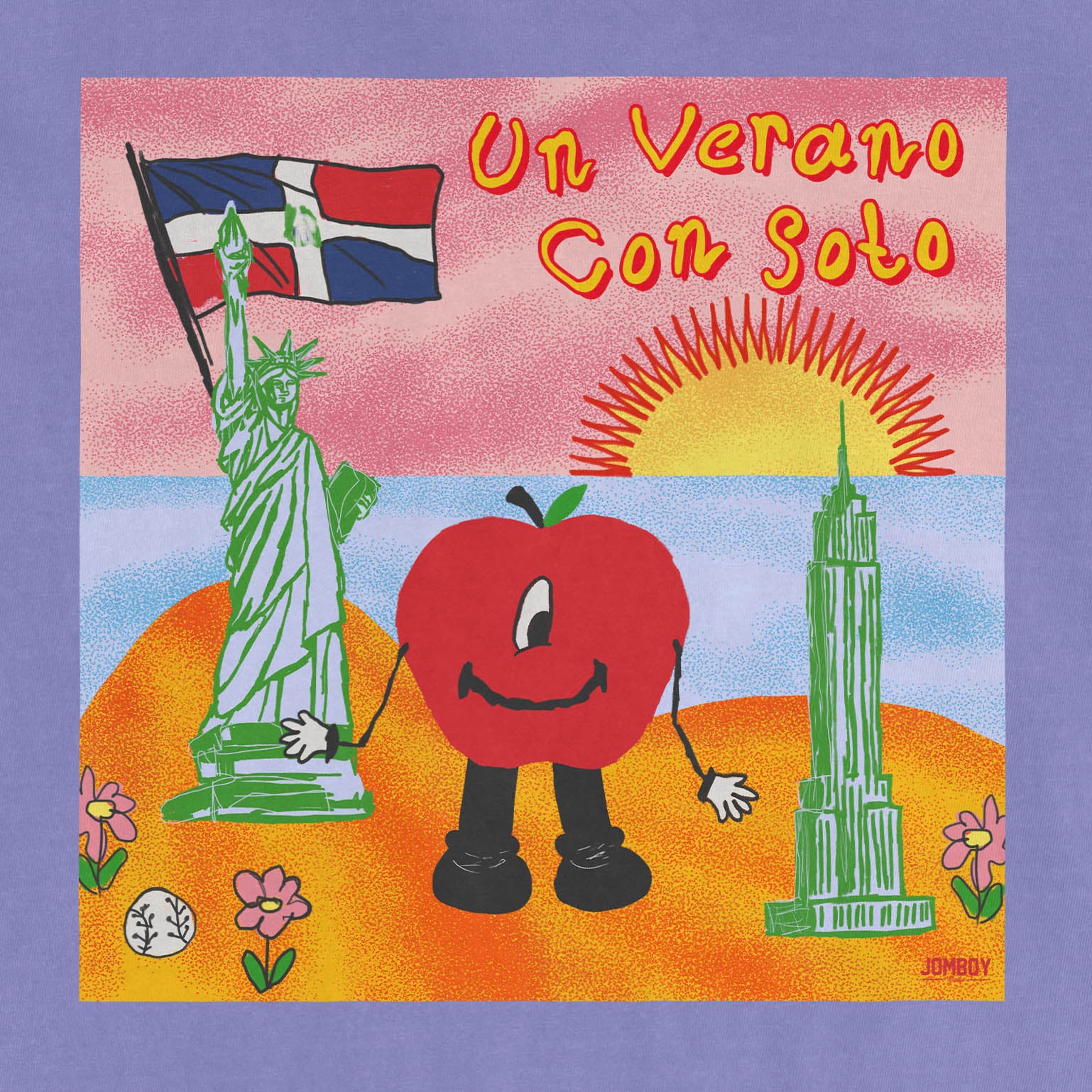 Colorful illustration of a smiling apple character with arms and legs, standing between the Statue of Liberty and a skyscraper at sunset, with flowers and a ball in the foreground.