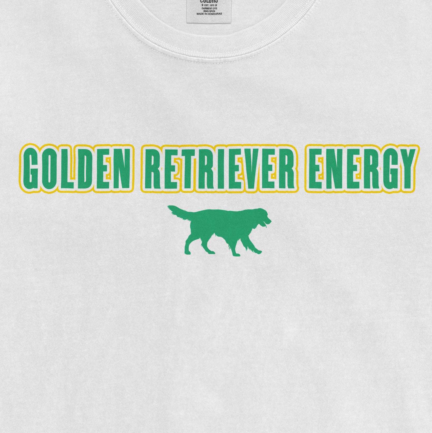 Vintage white T-shirt featuring green and yellow "Golden Retriever Energy" text and a green silhouette of a retriever dog.