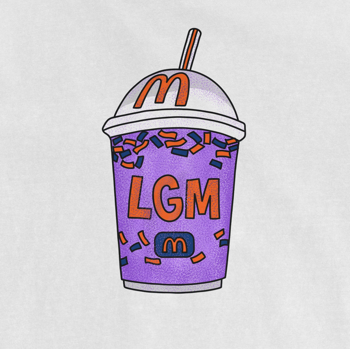A colorful illustration of a purple milkshake cup with sprinkles, a lid, and a straw, featuring the text "LGM" and "m".