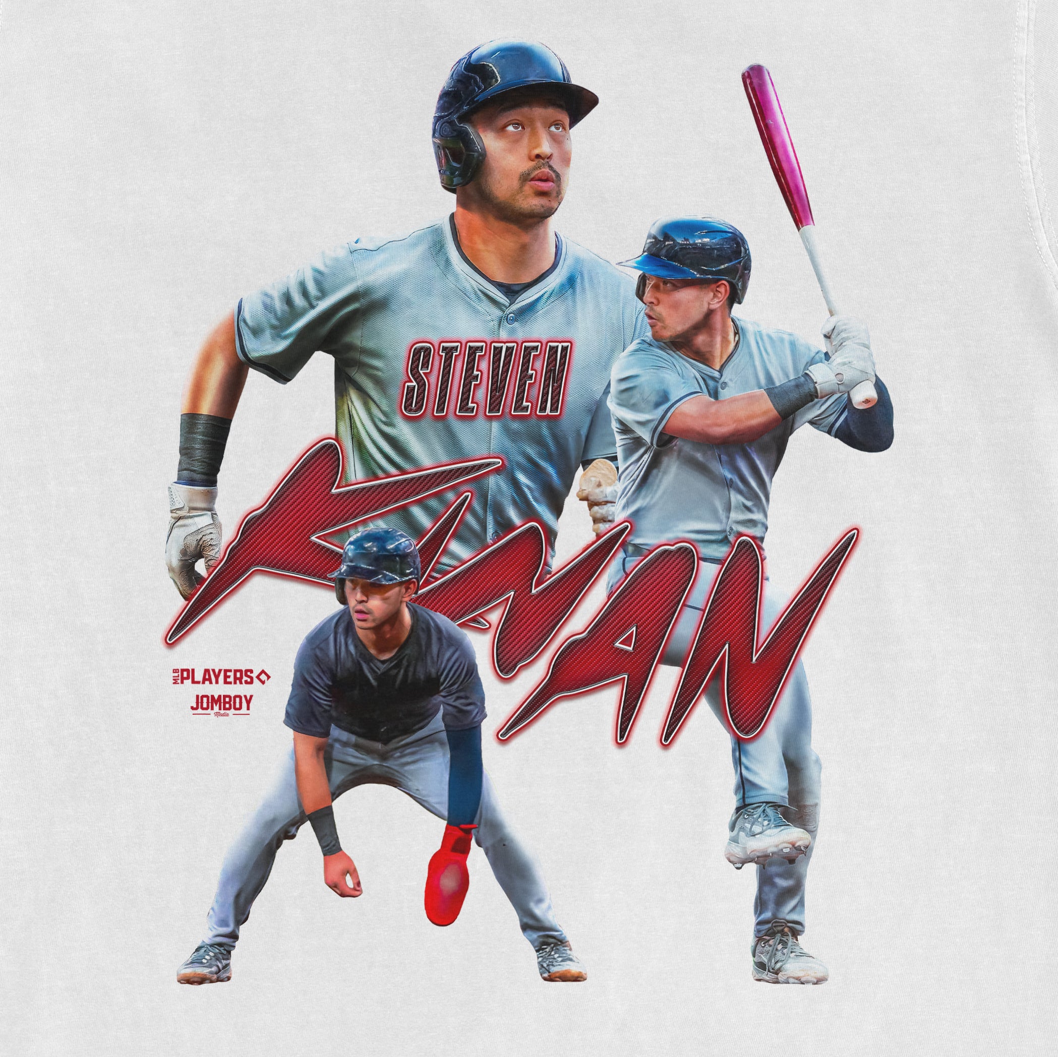 Collage of three images of a male baseball player in a grey uniform with "STEVEN" on the chest, in various action poses, with stylized text "STEVEN KWAN" and "PLAYERS JOMBOY" on a plain background.
