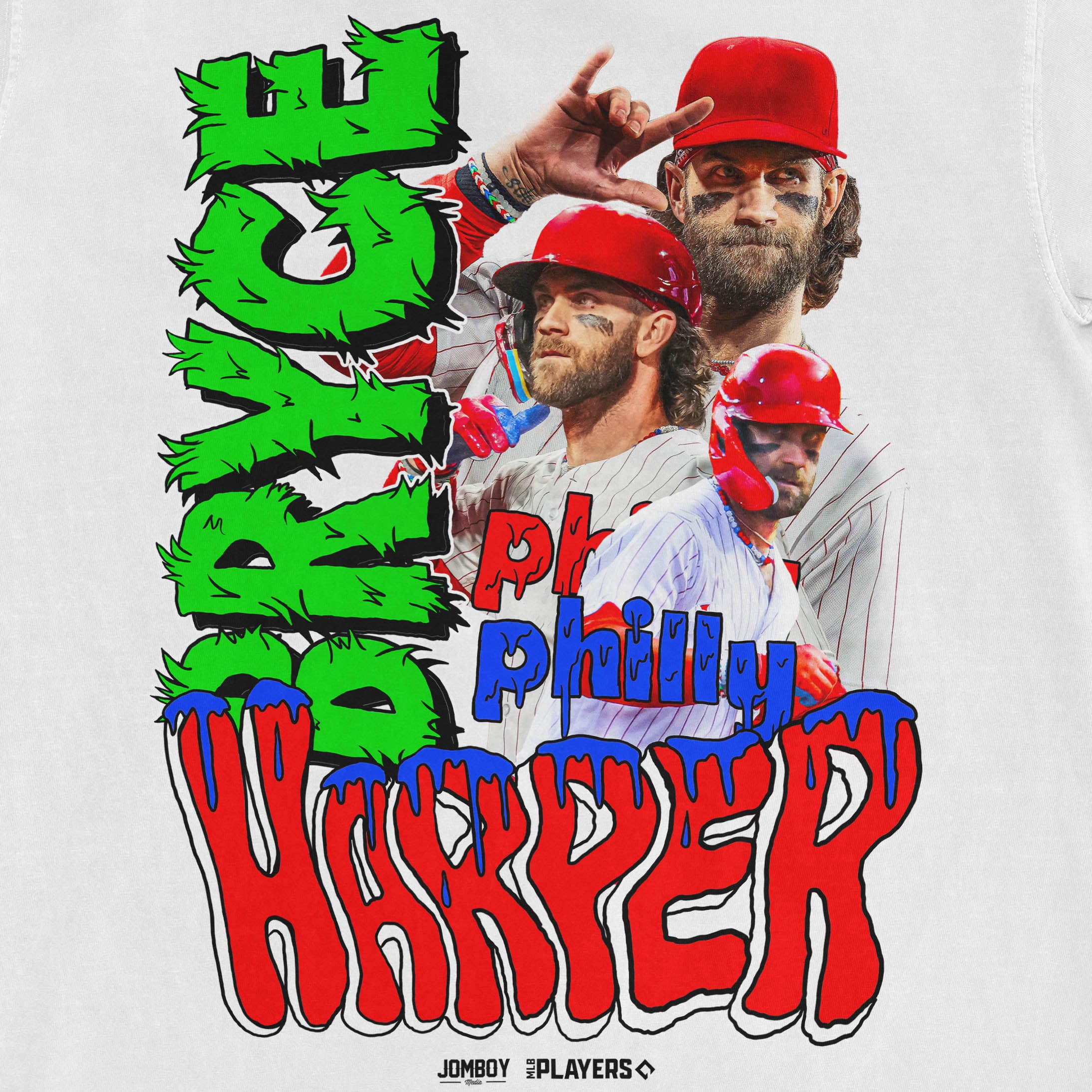 White Comfort Colors tee featuring Bryce Harper with multiple images, colorful text, and a graphic design celebrating him.