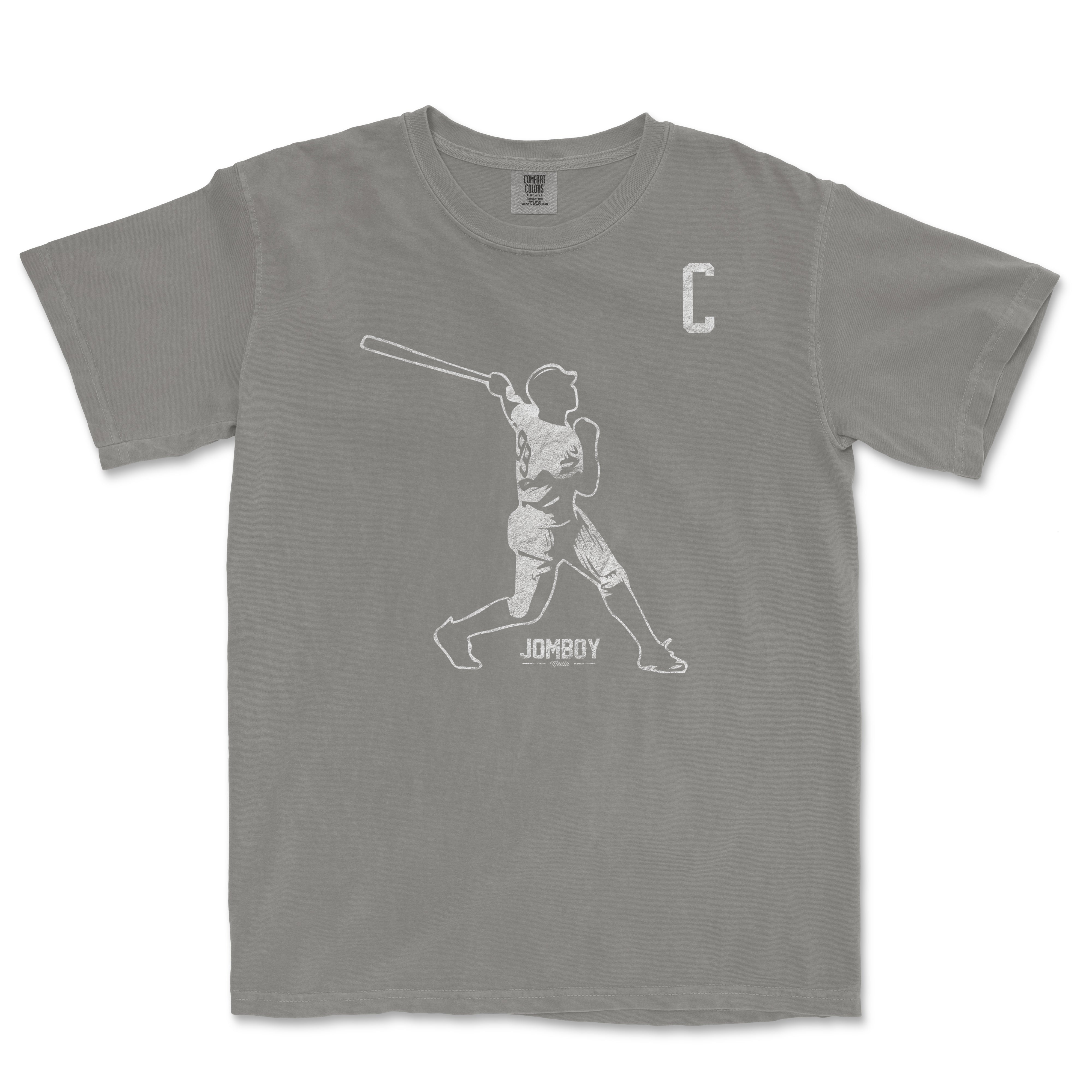 Gray T-shirt featuring a white outline of a baseball player swinging a bat, with a large "C" on the upper right and "JOMBOY" text below.
