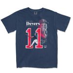 T-shirt featuring Rafael Devers' signature, number 11, and images of him batting and smiling, celebrating his baseball career.