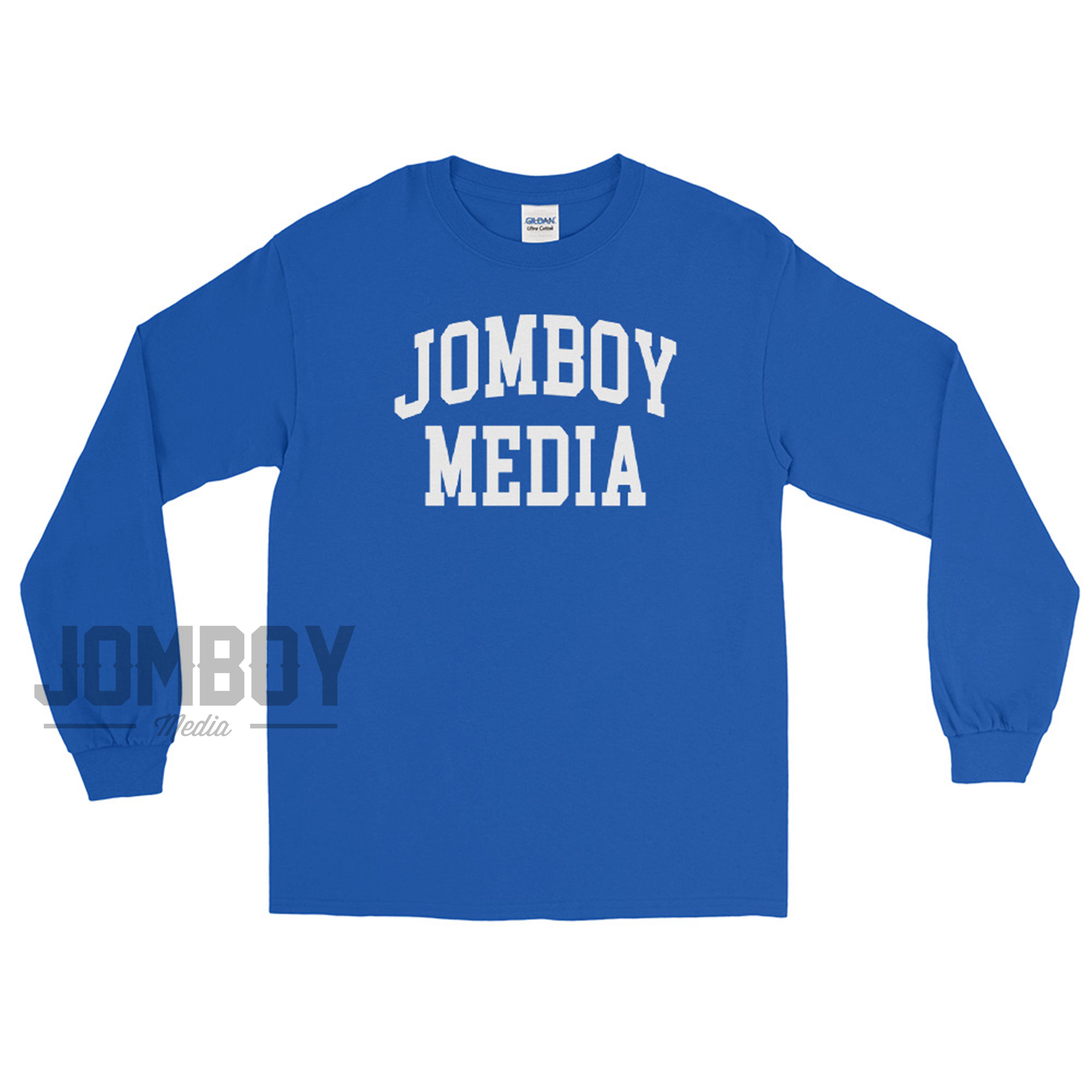Blue long sleeve shirt with "JOMBOY MEDIA" printed in large white letters on the front.
