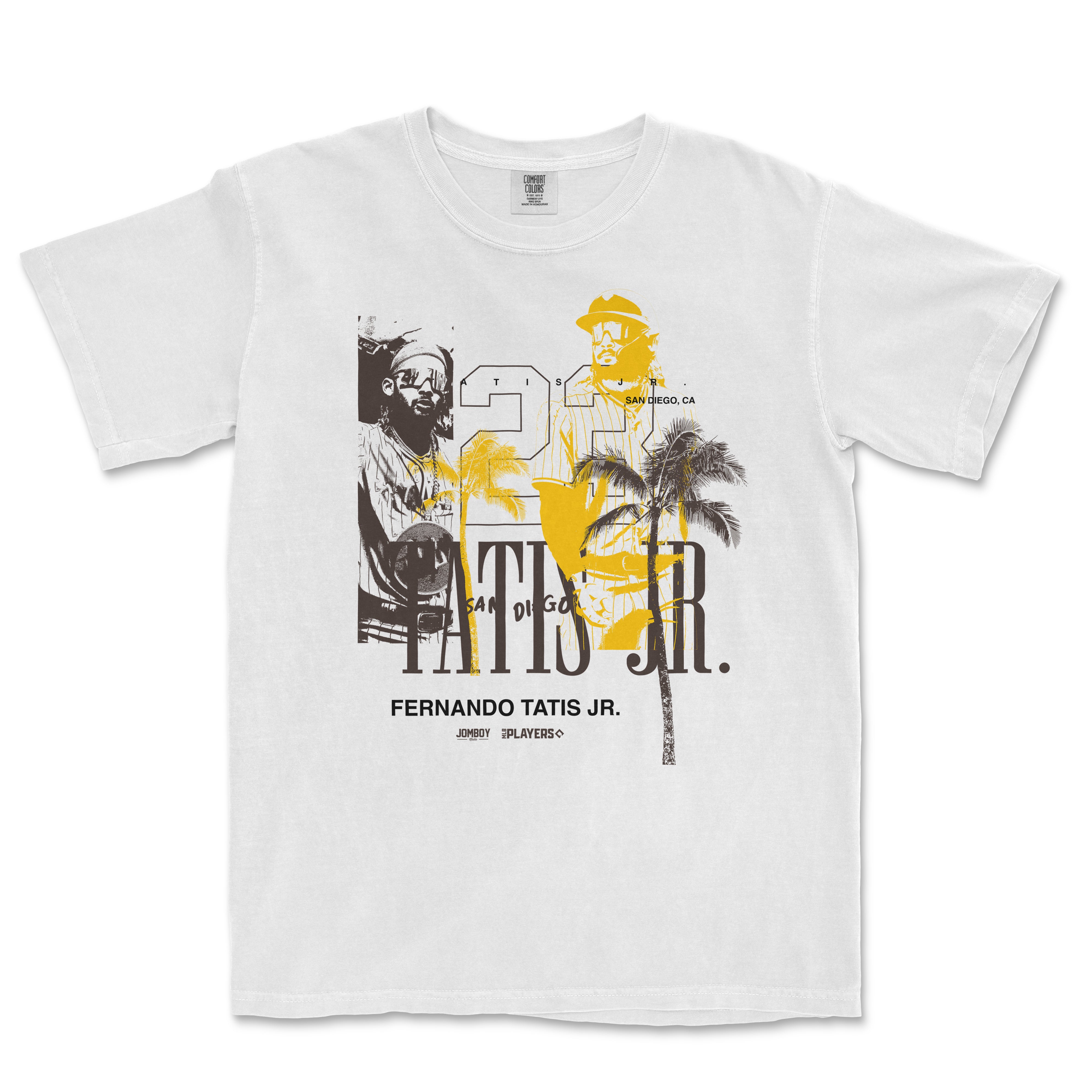 White T-shirt featuring a black and yellow graphic design of Fernando Tatis Jr., palm trees, and "The Tatís Retro SD Print" text.