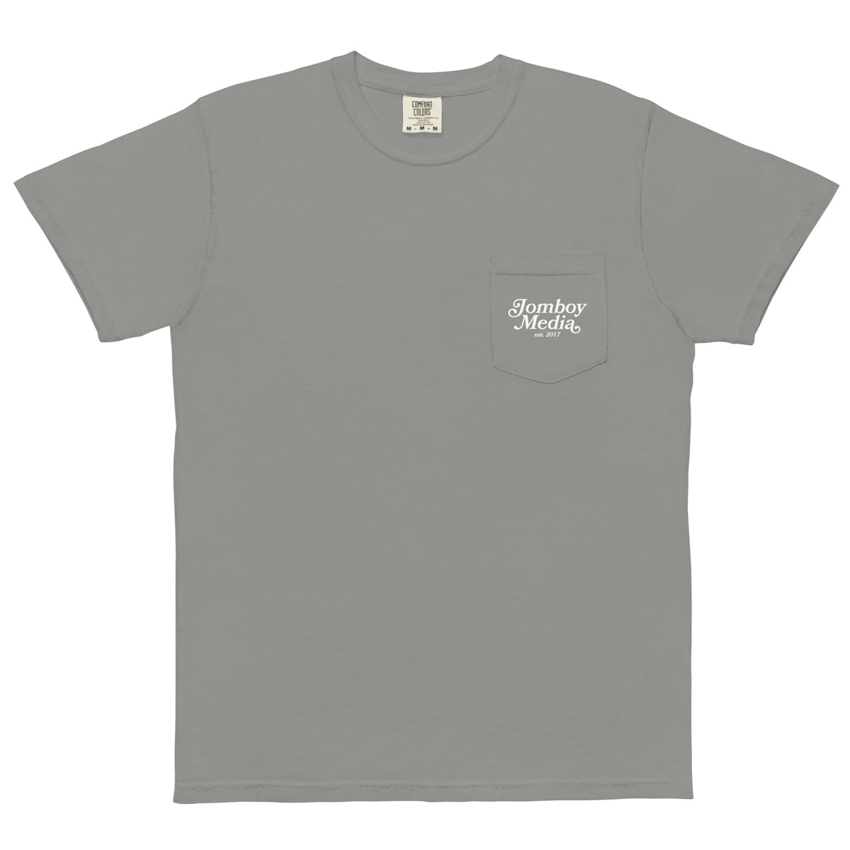 Gray T-shirt with a front chest pocket featuring white "Jomboy Media est. 2017" logo.