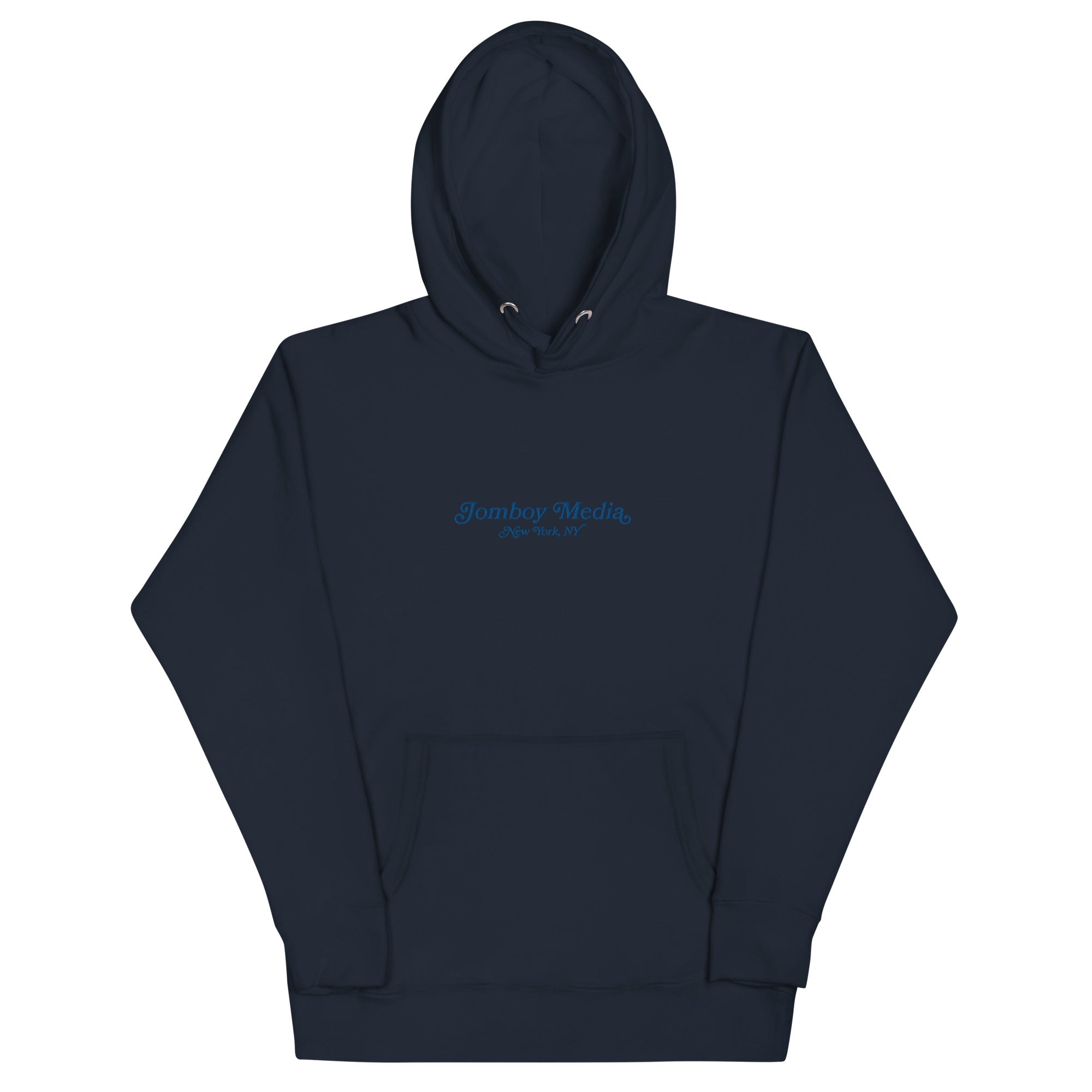 Navy blue embroidered hoodie with "Jomboy Media New York, NY" text on the front, featuring a front pocket and drawstring hood.